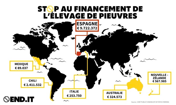 Carte illustrant les pays qui financent l'élevage de pieuvres